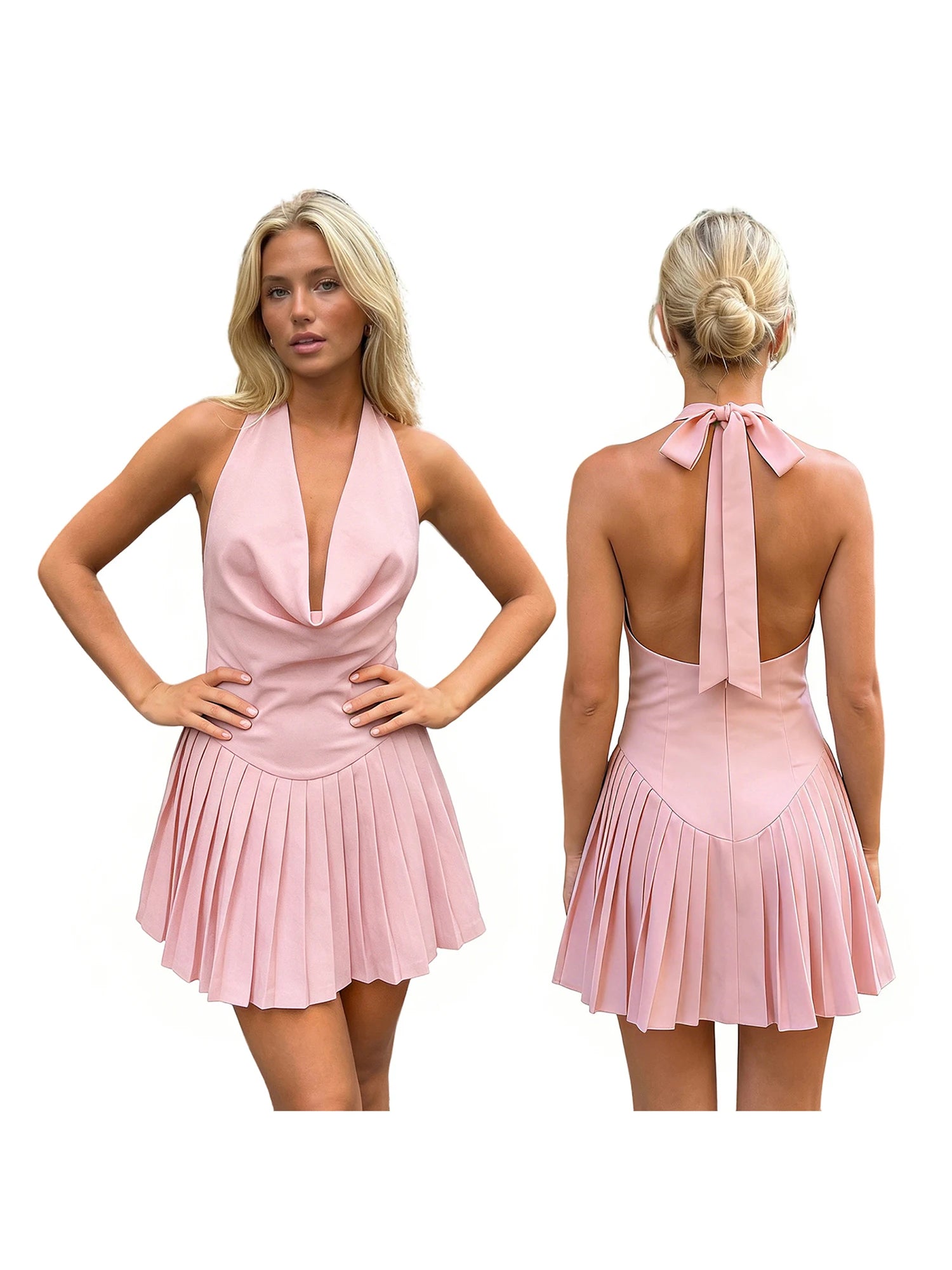 Elegant Sleeveless Midi Dress with V-Neckline and Ruched Detailing Women s Summer Fashion Tie-Up Halter Neck Dress