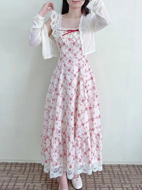 France Warm Lace Print Sling Dress Women Design Sweet Elegant Bow Slim Thin Dresses Female Vintage Chic Patchwork Clothes 2025