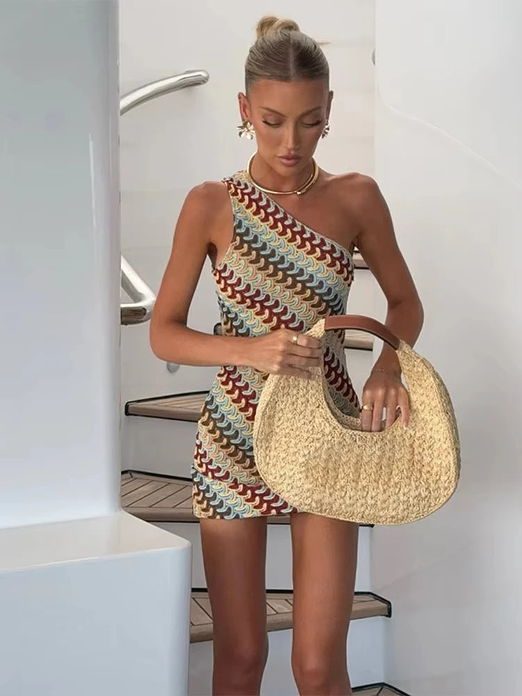 Irregular Printed Knitted Mini Dress For Women Chic Backless Slanted Shoulder Slim Fit Dresses Summer Holiday Beach Robes