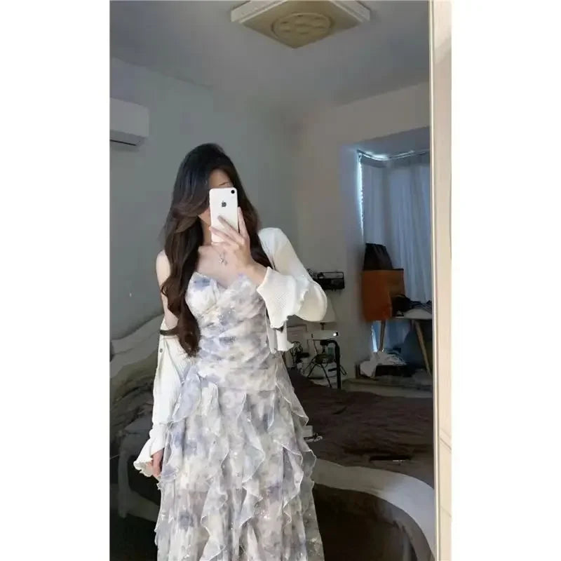 Elegant Pure Desire Tank Dress For Women Summer V-neck Waist-fitted Sweetins Niche Spicy Style Sleeveless Dress