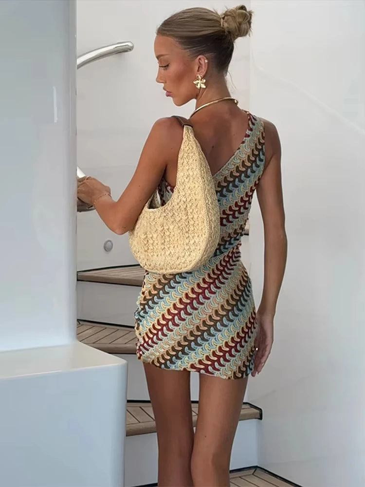 Irregular Printed Knitted Mini Dress For Women Chic Backless Slanted Shoulder Slim Fit Dresses Summer Holiday Beach Robes