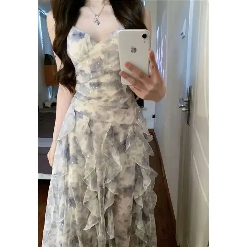 Elegant Pure Desire Tank Dress For Women Summer V-neck Waist-fitted Sweetins Niche Spicy Style Sleeveless Dress